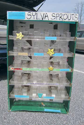 Cardboard display rack that holds seeds at the Jackson County Farmers Market, Sylva, North Carolina.