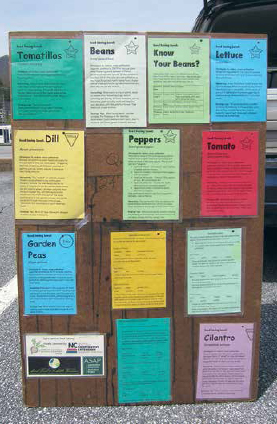 The back of the display rack has seed saving and skill level information for the crops. Sylva Sprouts Seed Lending Library.