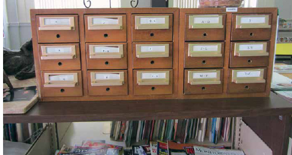 Seed cabinet sits on top of a bookshelf. Vegetable seeds are on the left and flower seeds are on the right.