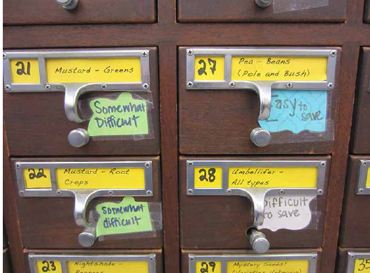 Seed drawers labeled with skill level at the Carnegie Library of Pittsburgh-Lawrenceville.