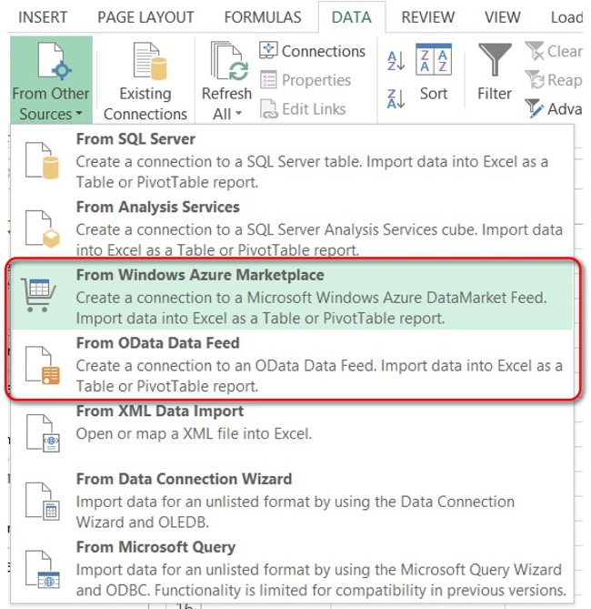 The two new, supported data sources in Excel 2013.