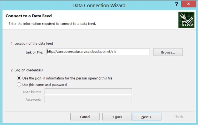 Use the Data Connection Wizard to import data from an OData data source.