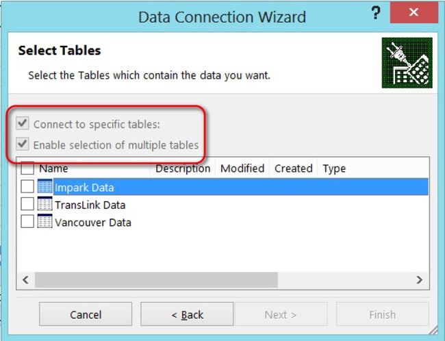 Selecting tables from an OData source.