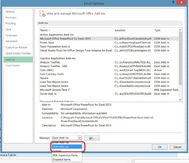 The Excel 2013 Add-Ins tab in the Excel Options dialog box.