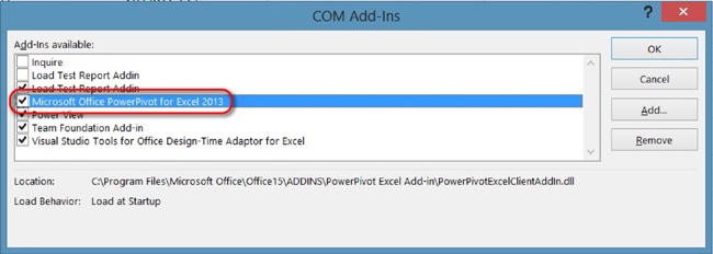 Enabling PowerPivot for Excel 2013 Add-In.