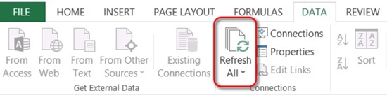 The Refresh button on the ribbon in Excel 2013.