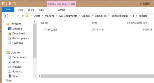 The item.data file for Excel 2013 now resides in the xl/model folder.