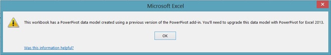 The warning message that appears when attempting to refresh old Excel workbooks.