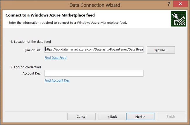 Importing data from the Windows Azure Marketplace using Excel 2013.