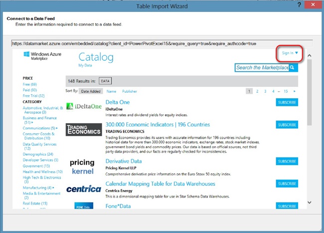 The Table Import Wizard for the Windows Azure Marketplace.