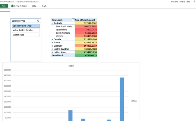 Analyzing a PowerPivot workbook in the browser.