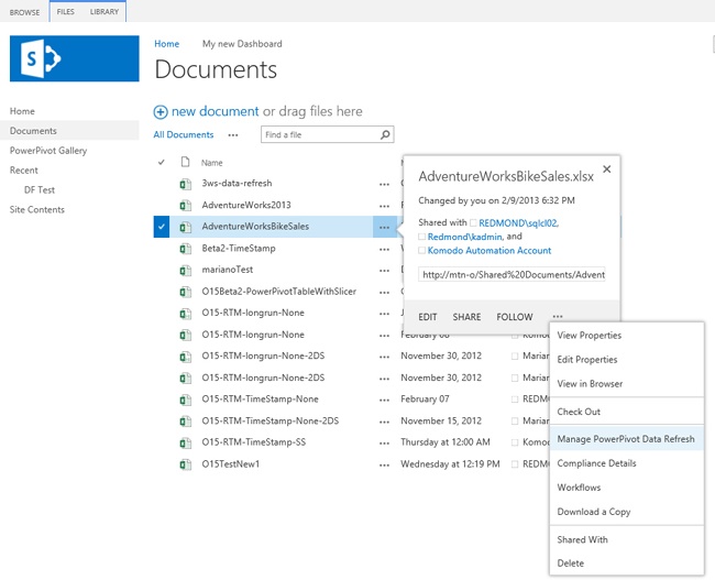 Click Manage PowerPivot Data Refresh on the menu.