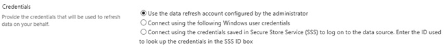 The Credentials options on the Manage Data Refresh page—specifying an account configured by the administrator.