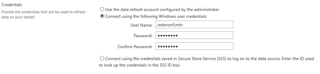 The Credentials options on the Manage Data Refresh page—specifying Windows user credentials.