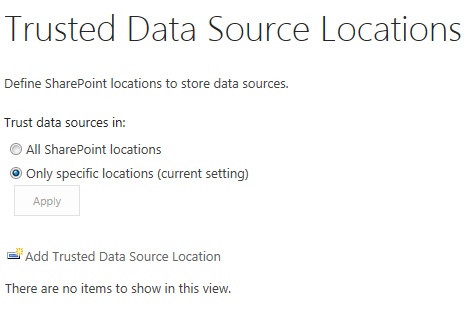 The Trusted Data Source Locations settings page.