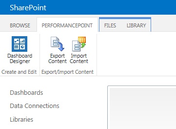 The PerformancePoint tab on the ribbon for accessing Dashboard Designer.