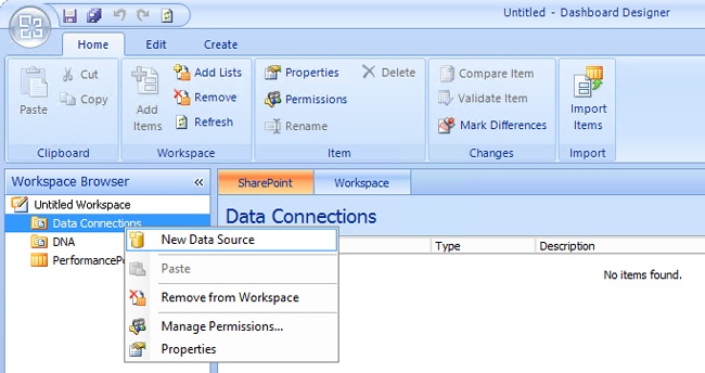 Creating a new data source for a PerformancePoint Dashboard.