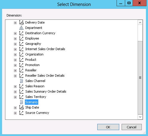 The Select A Dimension dialog box for KPI.