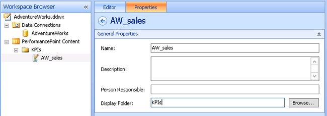 The properties for KPI, AW_sales.