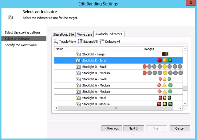 The Select An Indicator page of the Edit Banding Settings Wizard.