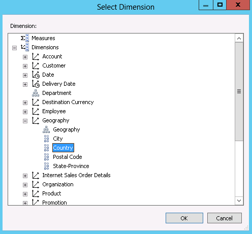 The Select Dimension dialog box for filter.