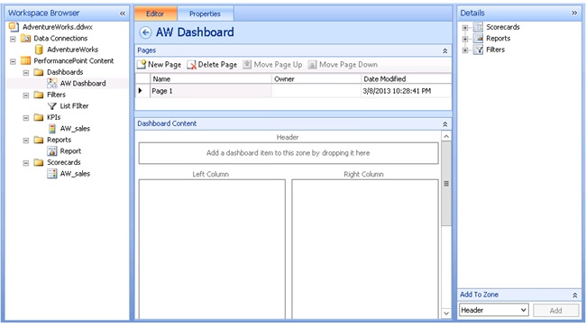 The results of selecting a zone template for the dashboard page.