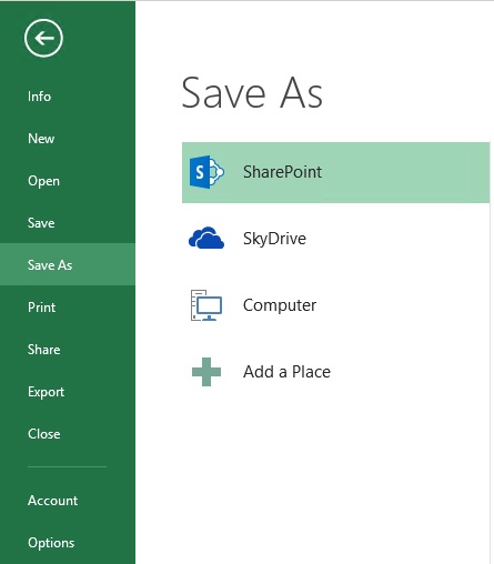 The Save As tab in the Backstage view for saving an Excel file to SharePoint 2013.