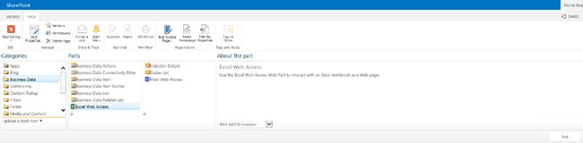 Choosing the Excel Web Access Web Part.