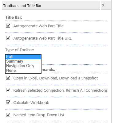 Configuring the Excel Web Access Web Part toolbar.