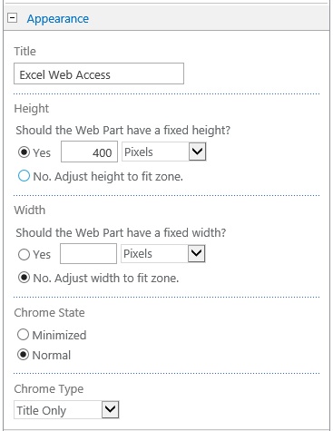 Configuring the appearance of the Excel Web Access Web Part.