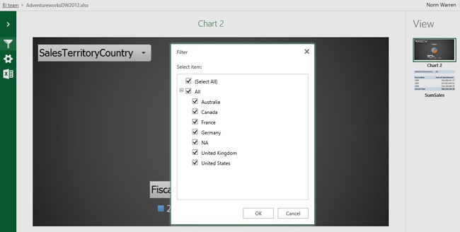 The Filter dialog box for the Excel Web Access Web Part.