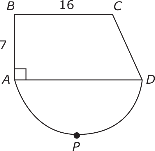 The diameter AD of semicircle DPA is one side of quadrilateral ABCD. One side adjacent to AD is measure 7, and the side opposite AD is measure 16.