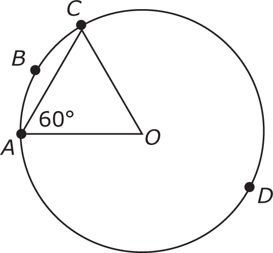 Triangle OAC lies within a circle such that vertex O is also the center of the circle and vertices A and C lie on the circumference of the circle. The measure of angle A is 60 degrees. Arc ABC is defined by the central angle AOC. Point D lies on the circumference of the circle outside arc ABC.