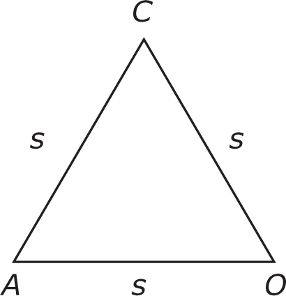 Triangle OAC is shown by itself. Each side is labeled length s.