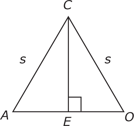 Triangle OAC is shown with an altitude dropped from vertex C to point E on the base, forming a right angle.