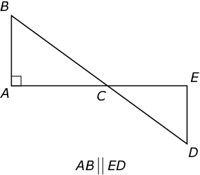 Line segment AE contains point C.  Using points A and C, right triangle ABC is drawn, with point B above line segment AE.   Using points E and C, triangle CDE is drawn, with point D below line segment AE.  Side AB is parallel to side ED.