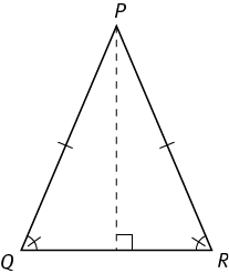 Triangle PQR.  Sides PQ and PR are equal and angles Q and R are also equal.