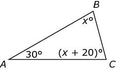 Triangle ABC with interior angles measuring 30 degrees, x degrees, and (x+20) degrees, respectively.