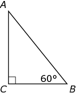 Right triangle ABC.  Angle C measures 90 degrees and angle B measures 60 degrees.