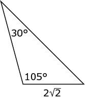 A triangle with interior angles measuring 30 degrees, 105 degrees, and an unlabeled angle.  The side of the triangle opposite the 30 degree angle has a length of 2 times the square root of 2.