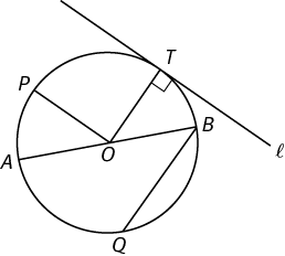 A circle with center O and diameter AB.  Line segments connect O with points P and T, both located on the circumference of the circle.  An exterior line, labeled L, also intersects the circle at point T, forming a right angle with line segment OT.  Line segment BQ is also drawn, where Q and B are both on the circumference of the circle.