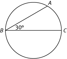 A circle contains points A, B, and C on its circumference.  Inscribed angle ABC has a measure of 30 degrees.