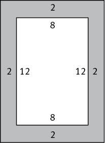 Two rectangles, one inside another.  The area of the larger rectangle not covered by the smaller is shaded.  The smaller rectangle has sides measuring 8 and 12.  The distance from each side to the smaller rectangle to the larger measures 2.