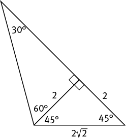 Two right triangles share a leg, which has a length of 2.  One triangle has interior angles of 45, 45, and 90 degrees, and its unshared leg has a length of 2.  The other triangle has interior angles measuring 30, 60, and 90 degrees, and the shared leg is directly opposite the 30 degree angle.   The two unshared legs form a straight line.