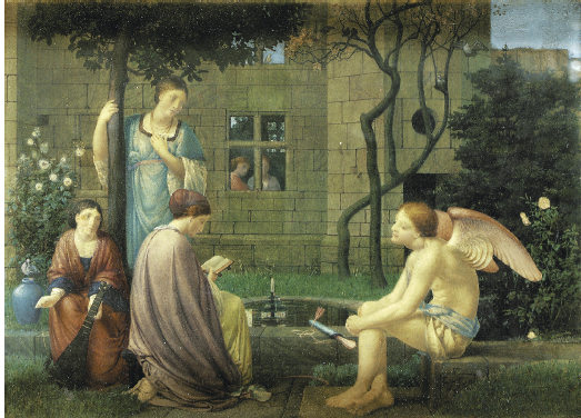 Fig. 32. Robert Bateman, Reading of Love, HE Being By, 1874, pencil and watercolour with gum arabic, heightened with touches of body colour and scratching out, 25.4 × 34.3 cm, private collection.