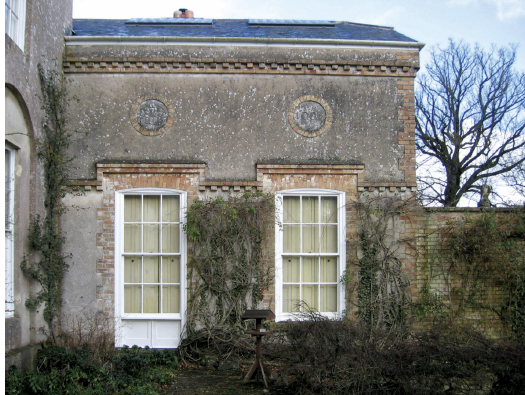 Figs. 85-87. The garden front of Robert’s studio at Nunney Delamere showing his and Caroline’s joint initials and the date 1906 in the roundels.