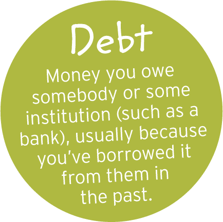 Debt: Money you owe somebody or some institution (such as a bank), usually because you've borrowed it from them in the past.