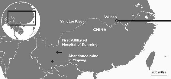 A map of China showing Wuhan, Kunming and Mojiang