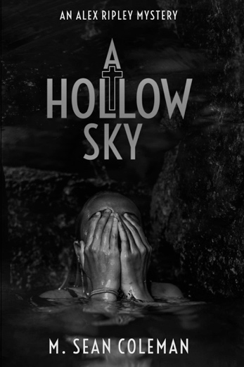 Cover of A Hollow Sky features a woman covering her face with her hands, submerged in water in a cave