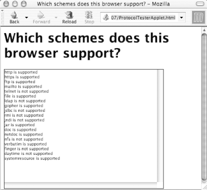 The ProtocolTesterApplet running in Mozilla 1.4